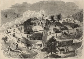 Conquest of Algeria: expedition to Great Kabylia in 1857, laying the first stone of Fort Napoleon in Souk-el-Arba. Engraving in 