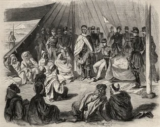 Conquest of Algeria: expedition to Great Kabylia in 1857. Submission of the Kabyle tribe of Beni-Raten by the French army. Engraving in 