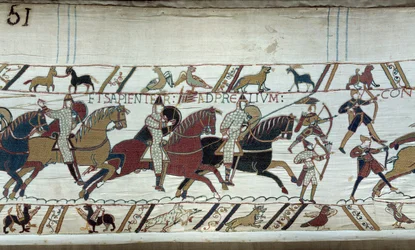 Conquest of England by William the Conqueror in 1066: the beginning of the Battle of Hastings (Detail of Bayeux Tapestry)