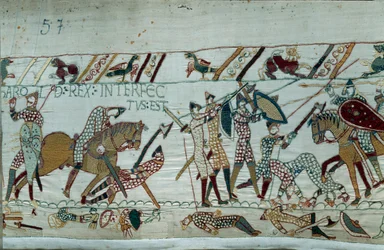Conquest of England by William the Conqueror: The Death of King Harold II (detail of Bayeux Tapestry)