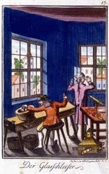 Craft craft: the glass tailor in his workshop. In “Comprehensive description of arts and crafts and workshops for young people” by Johan Peter Vue. Ed. Nuremberg, Weigel and Schneider