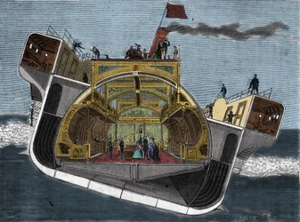Cross section of a boat designed against seasickness by Henry Bessemer (1813-1898). Engraving 19th century.