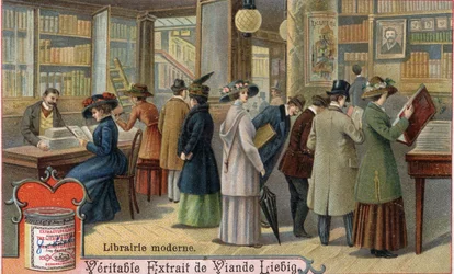 Customers and bookseller in a modern bookshop, late 19th century. Chromolithography, Liebig image