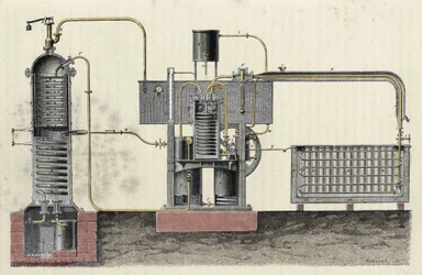 Cutting the industrial apparatus of Ferdinand Carre (1824-1894) to make ice. Engraving of the 19th century