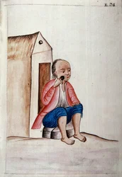 Daily life and customs of Peru: Indian shaving his beard on his doorstep, from the book Trujillo del Peru by Baltasar Martinez Companon y Bajanda, bishop of Trujillo (1782-1785)