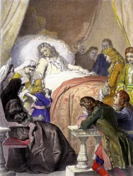 Death of Louis XIV (1638-1715), King of France, on 1 September 1715 in Versailles and the future Louis XV (1710-1774)