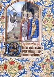 Death with his Spear Pointing at Three Figures, a Pope, a King, and a Queen, Standing in Front of a Gothic Church, c.1470