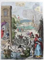 Different Metamorphoses, in the Foreground Scylla and the Marine God Glaucos in Love with Her, in the Background the Hanged Iphis Rejected by Anaxarete. Illustration from Book XIV of 