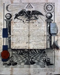 Diploma of Isaac Huit as a Companion and Master in the Royal Masonry Art, awarded in 1789 by the Grand Lodge of St-Jean in Geneva