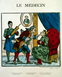 Doctor Scene representing a doctor examining a patient, his assistant behind him holds a clyster. Engraving of the 19th century. Paris, B.N.