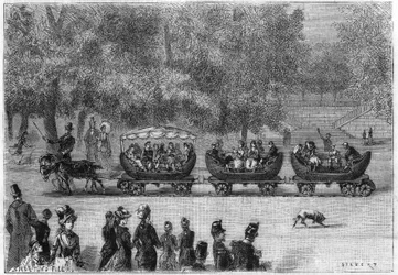 Endless rails adapted to a train of cars pulled by goats in the Tuileries Garden in Paris. Engraving in 