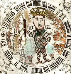 A crown being at the feet of demon. Scenes of fighting between men and monstrous creatures. The scene is surrounded by Kabbalistic signs