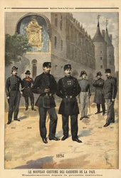 Evolution of uniforms of peacekeepers from 1860 to 1894, in front of the clock tower of the Concierge, Paris