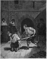 Execution of Charles de Gontaut Biron (1602): The Marechal Charles de Gontaut Biron, Governor of Burgundy (1562-1602) with His Head for Plotting Against the King of France Henry IV (1553-1610). Engraving of the 19th Century