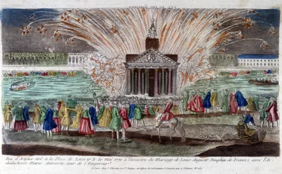 Fireworks fired at Place de Louis XV on 30 May 1770, on the occasion of the marriage of Louis Auguste, Dauphin of France with Archduchess Marie Antoinette, sister of the Emperor. Engraving late 18th century