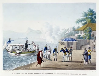 First debarking of the French at the Portuguese settlement of Dille on the island of Timor.