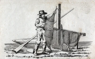 Fisherman and fishnet. Fine engraving of the 18th century. Private collection.