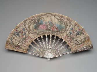 Folding fan with a courting scene and musical trophies, c.1770s-80s