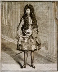 Full-length portrait of King Louis XIV, known as the Sun King (1638-1715). 18th century engraving. National Library of Madrid.