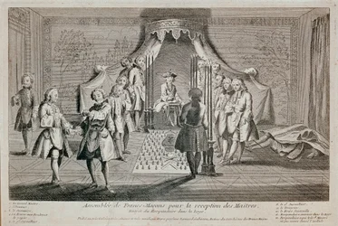 Freemasonry: “Assembly of Freemasons for the reception of the masters”. Ceremony for the entry of the recipient into the lodge. He is represented on the left, with the second supervisor pointing a Masonic dagger at him. The Grand Master is in the