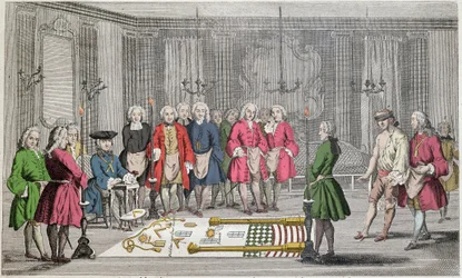 Freemasonry - Assembly of Masons for admission of new members - Freemasonry: “Assembly of Freemasons for the admission of apprentices”. Ceremony for the entry of the recipient into the lodge - He moves with his eyes covered, guided by the second supervisor