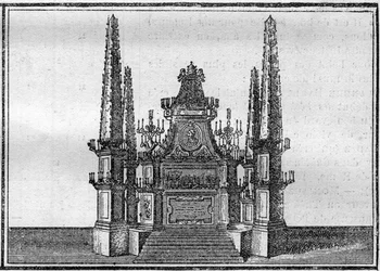 Funeral of a pope in the 18th century: the catafalque of the late pope. Engraving in Histoire des religions