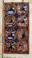 Genesis: representation of the different stages of world creation (cosmogony). Miniature from a manuscript Universal History. 13th century. Dijon Municipal Library