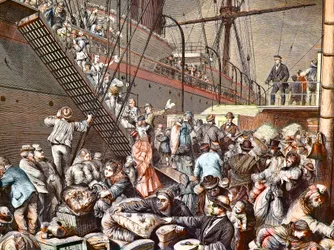 German emigrants for New York embarking on Hamburg steamer in 1874, engraving