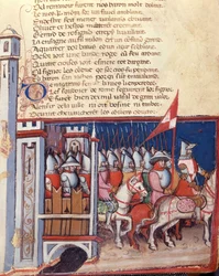 Gesture song: an army of men on horseback leaving a castle. Miniature from the French-Italian manuscript Entree d