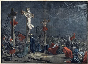 Good Friday: crucifixion of Jesus Christ. Illustration in Le Pelerin of April 3