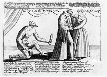Harlequin Cuckold. Series of engravings of a piece played in France towards the end of the 16th century on the theme of the love disgraces of Harlequin and Franceschina.
