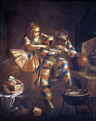 Harlequin glutton. He always tries to catch something to eat, symbol of the misery of past centuries. 18th century painting. Milan