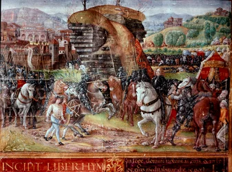Hebrew knights led by David walk on the Miniature Philistines from the manuscript 