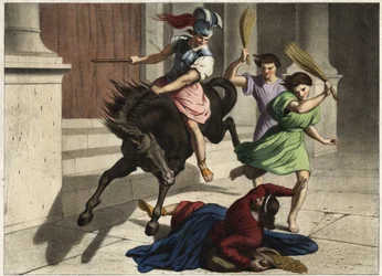 Heliodorus was driven out of the temple: on the orders of his ruler, he tried unsuccessfully to seize the treasures of the temple of Jerusalem. Anonymous engraving from the mid-19th century.