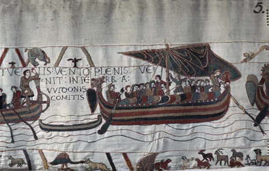 Hijacked by the storm, the ship of Harold II (1022-1066) stranded on the coast of Ponthieu - Bayeux Tapestry, known as Embroidery of Queen Mathilde