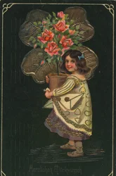 Historic Greeting Card with a Child and a Large Potted Plant, Rose