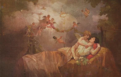 Historic greeting card with angels to bring luck to a woman, kitschy-romantic