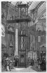 Hydraulic elevator invented by Megy Echeverria and Bazan and exhibited at the International Exhibition of River and Maritime Industries at the Palais de l