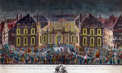 Illuminations of the episcopal palace of the city of Strasbourg during the celebrations held by the city during the stay of King Louis XV (1710-1774), while convalescing from a serious illness, on 5/10/1744. Period print. Private collection