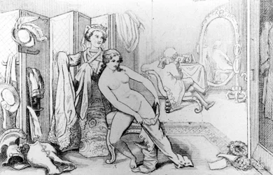 Illustration depicting Casanova and a naked woman - in 