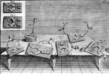 Illustration of experiments by Luigi Galvani, Italian physicist and physician (1737 - 1798) explaining the passage of electric current moving the legs of a frog.