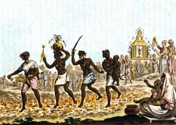 India: Fakirs Walking on Incandescent Coals (19th century engraving)