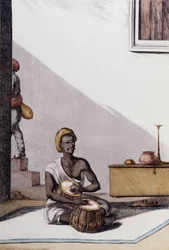 Indian culture and civilization: musician playing tablas, traditional musical instrument, India. Engraving 1808