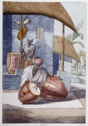 Indian Culture, Civilization and Society: Musician with Traditional Indian Percussion (Tikora). Engraving from 1808