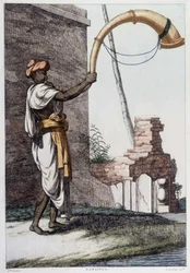 Indian culture, civilization and society: musician with traditional Indian wind instrument (Sournae). Engraving from 1808