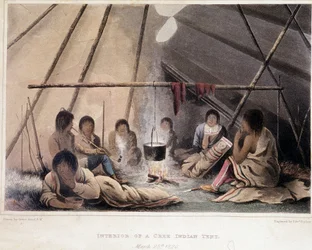 Interior of a Tent of American Indians - in Narrative of a Journey to the Shores of the Polar Sea in the Years 1819-1821, by John Franklin, ed. London