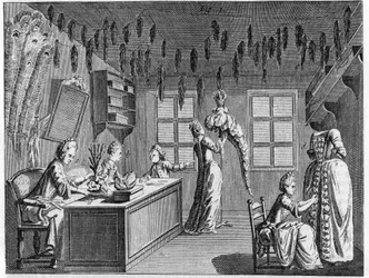 Interior of a plumassier workshop in the 18th century. 18th century engraving.