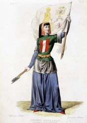 Jeanne Laisné, known as Jeanne Fourquet, nicknamed Jeanne Hachette French Heroine (1456 to?). Engraving of 1835