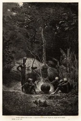 Kanaks cooking in the woods, in the territory of Pamale. Engraving to illustrate the voyage to New Caledonia, by Jules Garnier, civil engineer of mines, in 1863-1866, published in 