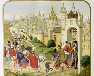 King of France Charles IV received the visit of his sister the Queen of England Isabella of France (1292-1358), wife of Edward II, who came to take refuge. According to the chronicles of Jean Froissart. 19th century. Barcelona. Sant Jordi Catalan Royal